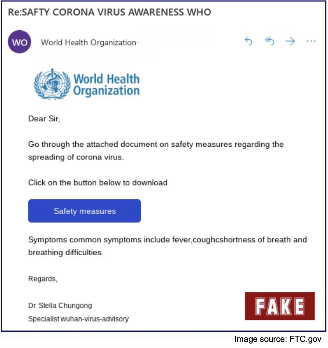 A fake covid 19 email urging people to click on a phishing link
