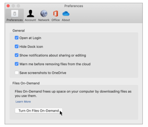 Screenshot of the Files On Demand ettinggs window on a Mac OS.
