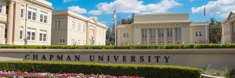 The Chapman University sign in front of Memorial Hall