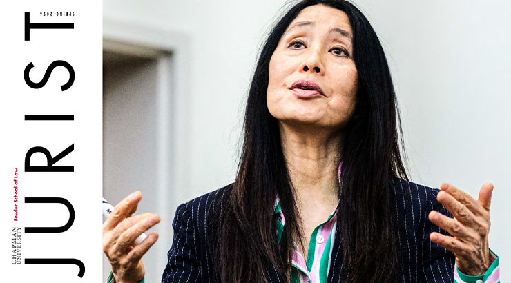 Photo of Chapman student advocacy team posing with 2nd place and Most Professional Team trophies and their coach