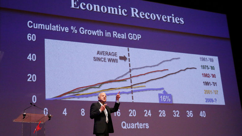 Dr. James Doti on the Musco stage at the Economic Forecast