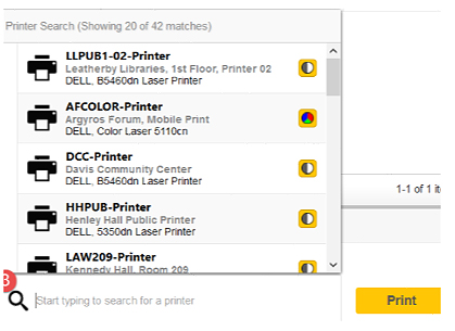 screenshot of printer selection