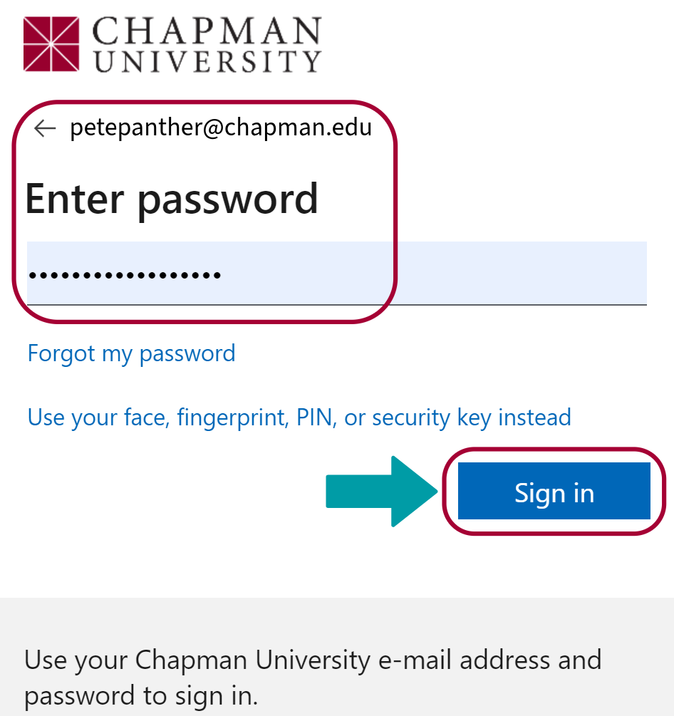 red box used to highlight where to input your chapman university sign-in credentials with a green arrow pointing toward the Zoom sign-in button