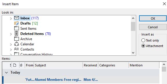 inbox option shown when attach outlook is clicked
