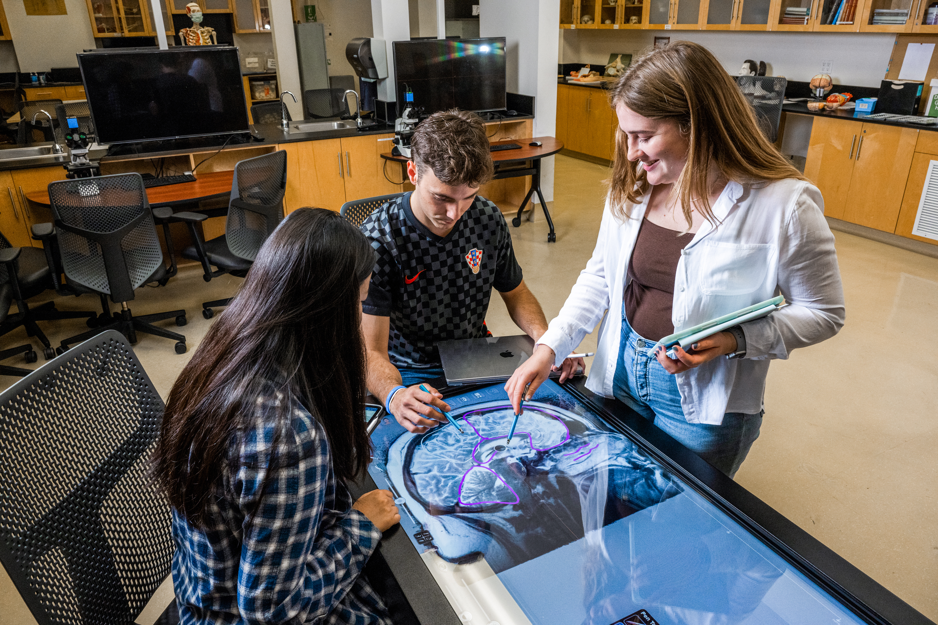 Students work together on interactive monitor showing brain scan