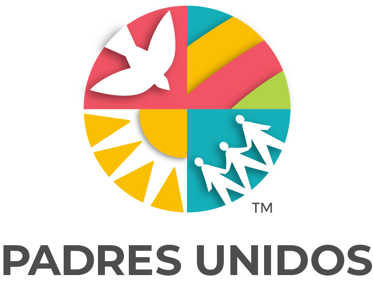 Padres Unidos logo showing a circle containing a dove, rainbow, sun, and people figures holding hands