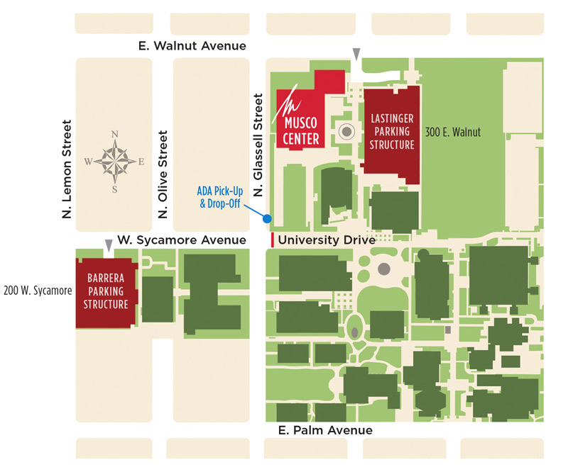 Map showing parking locations for Musco Center
