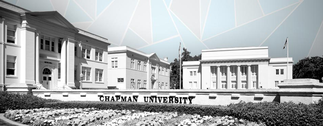 picture of three buildings with triangular shapes in the sky and the words chapman university on a sign in front