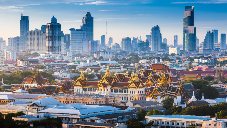 Ariel view of Bangkok, Thailand city center and a temple