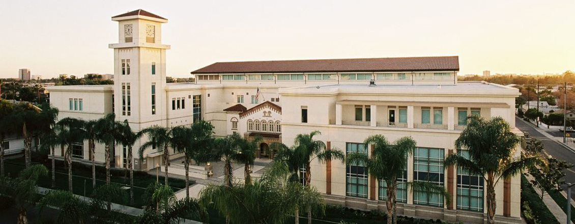 Aerial view of Kennedy hall at dusk.